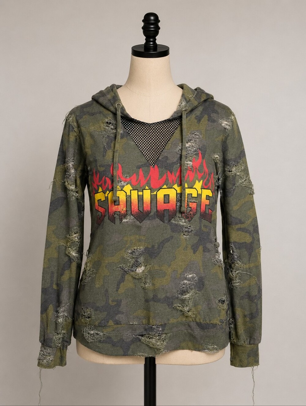 Distressed Camo Savage Hoodie Mesh V Neck Women’s Size S